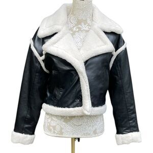 Hollister Cropped Moto Jacket S Black Vegan Leather Faux Fur Sherpa Lined Y2K